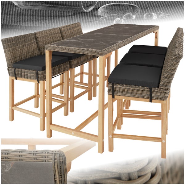 Rattan Tisch Lovas mit 6 Stühlen Latina tectake  Beine aus Holz mit Aluminiumgestellen natur