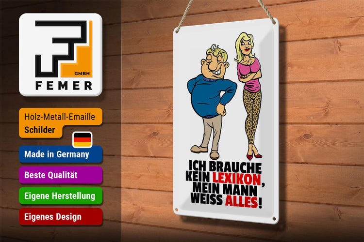 Emailschild mit Cartoon von Mann und Frau und Spruch: Ich brauche kein Lexikon, mein Mann weiß alles!