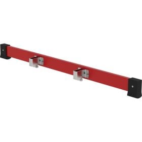 Eine rote Quertraverse mit zwei Haken für ein Regalsystem.