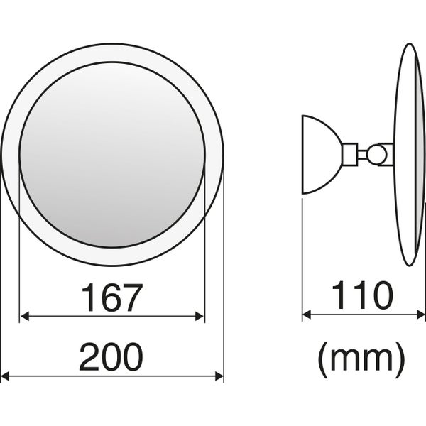 Maßzeichnung eines Kosmetikspiegels mit Wandhalterung mit Angaben in Millimeter.