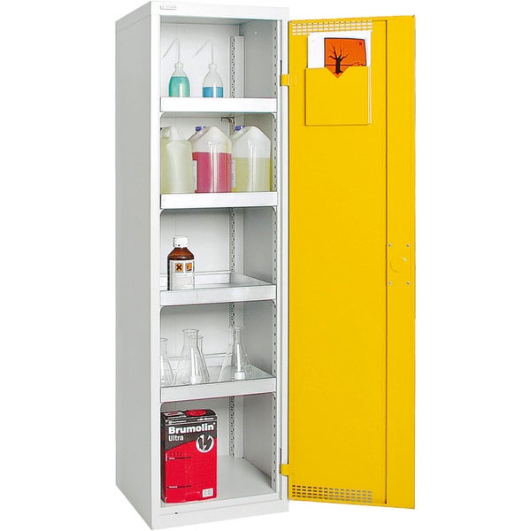 Gefahrstoffschrank mit Fächern und Chemikalien