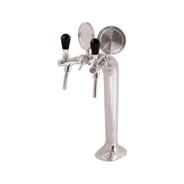 Zweileitige Schanksäule für Bier aus glänzendem Metall mit schwarzen Griffen und zwei runden Werbeschildhaltern.