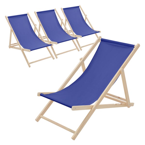 Set bestehend aus vier Liegestühlen mit Holzgestell und blauem Stoffbezug.