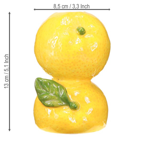 Zitronenförmige Dekovase aus glasierter Keramik. Maße: 13 Zentimeter Höhe und 8,5 Zentimeter Breite.