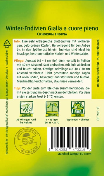 Rückseite der Samenpackung für Winter-Endivie Gialla a cuore pieno mit Informationen zu Anbau, Pflege, Ernte, Piktogrammen und Barcode.