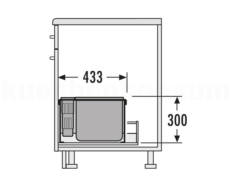 Technische Zeichnung eines Mülltrennsystems im Küchenschrank mit Maßen 433 und 300.