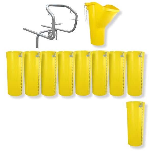 Set mit zehn gelben Baueimern, einem Trichter und einem Eimergestell.