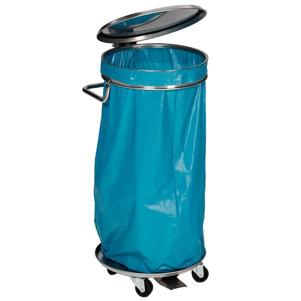 Mobiler Müllsackständer aus Edelstahl mit Deckel, Tretmechanismus und blauem Müllsack auf Rollen.