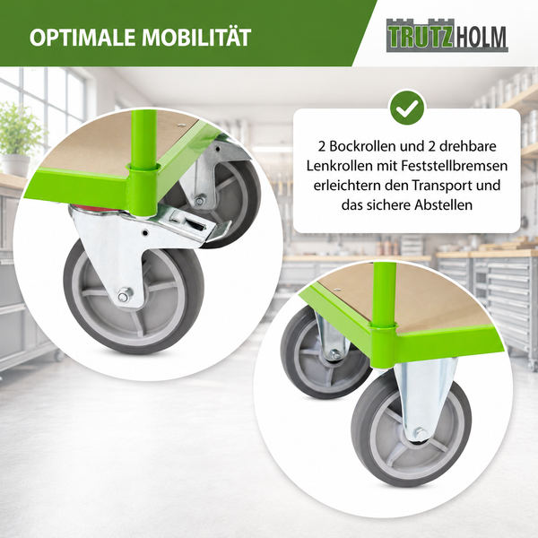 Trutzholm Transportwagen Rollen mit zwei Bockrollen und zwei lenkbaren Rollen mit Feststellbremse für einfache Mobilität und sicheren Stand.