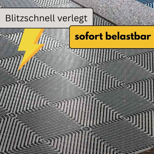 Kunststoff-Klickfliesen mit Rautenmuster, schnelle Verlegung und sofort belastbar.