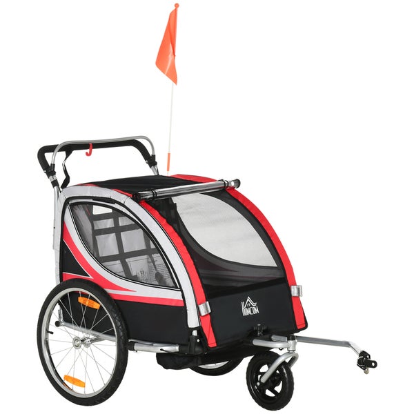 HOMCOM 2 in 1 Kinderanhänger klappbar Fahrradanhänger mit abnehmbarem Vorderrad, Hinterradbremsen, Kinderfahrradanhänger für 2 Kinder ab 18 Monate, bis 26,4 kg belastbar, Rot