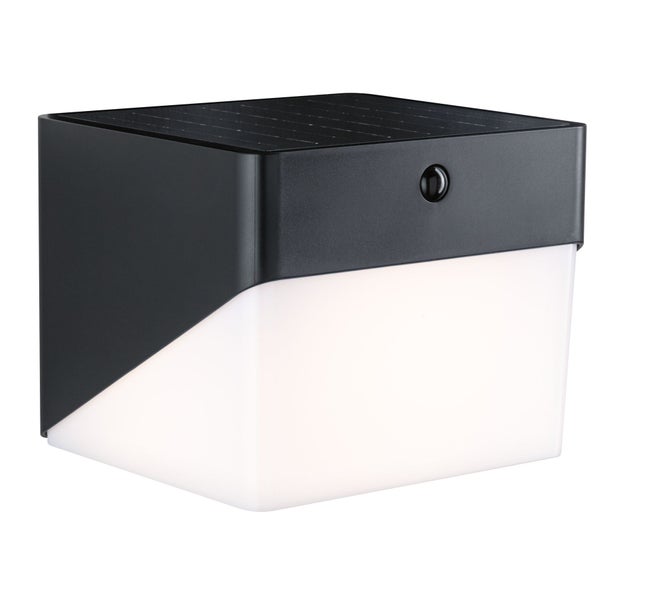 Solar-Wandleuchte für den Außenbereich mit Bewegungsmelder, integriertem Solarpanel auf der Oberseite und lichtdurchlässigem Diffusor.