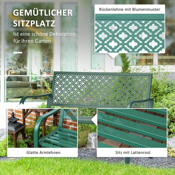 Outsunny Gartenbank Stahl, 2-Sitzer Parkbank mit Rückenlehne & Armlehne, Sitzbank mit Blumenmuster, 127 x 63 x 83 cm, Stahl, Dunkelgrün