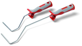 Zwei Lackierbügel für Farbwalzen mit ergonomischem Kunststoffgriff und stabilem Metallbügel.