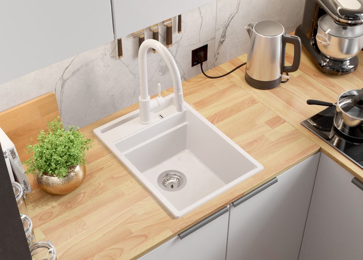 PRIMAGRAN Spülbecken Weiß 38x53cm, Granitspüle 1 Becken + Ablauf-Set + Küchenzubehörset, Küchenspüle ab 40er Unterschrank - Oslo Pocket