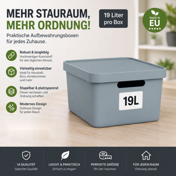Stapelbare Aufbewahrungsbox mit 19 Liter Volumen aus Kunststoff für Haushalt, Büro und Kinderzimmer.