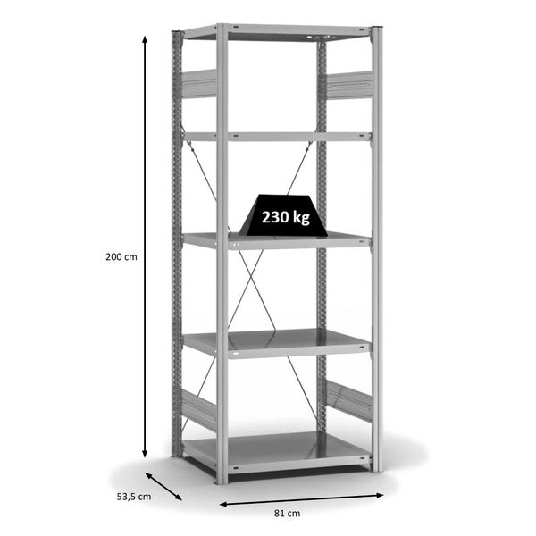 PROREGAL Fachbodenregal Stecksystem T-Profil Medium-Duty Grundregal HxBxT 200 x 75 x 50 cm 5 Ebenen Fachlast 230 kg Einseitig Nutzbar Verzinkt