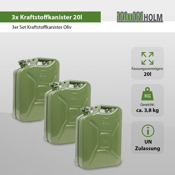 Set aus drei Trutzholm Kraftstoffkanistern mit je 20 Liter Fassungsvermögen und UN Zulassung.