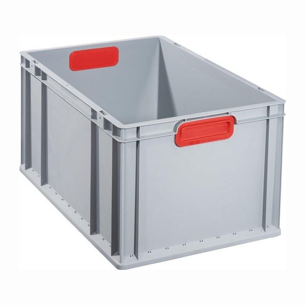 Stapelbare Eurobox aus grauem Kunststoff mit roten Griffen.