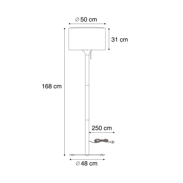 Maßzeichnung einer Stehleuchte: Gesamthöhe 168 Zentimeter, Schirmdurchmesser 50 Zentimeter, Schirmhöhe 31 Zentimeter, Kabellänge 250 Zentimeter.