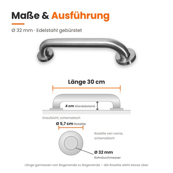 Technisches Datenblatt für einen Duschhaltegriff aus gebürstetem Edelstahl mit 30 Zentimeter Länge und 32 Millimeter Rohrdurchmesser.