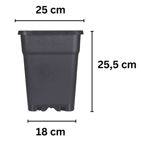 Quadratischer Pflanztopf mit Maßen: Breite oben 25 Zentimeter, Breite unten 18 Zentimeter, Höhe 25,5 Zentimeter.