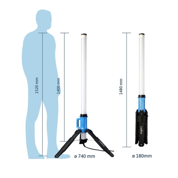 Abbildung eines LED-Baustrahlers mit Stativ und Maßangaben.