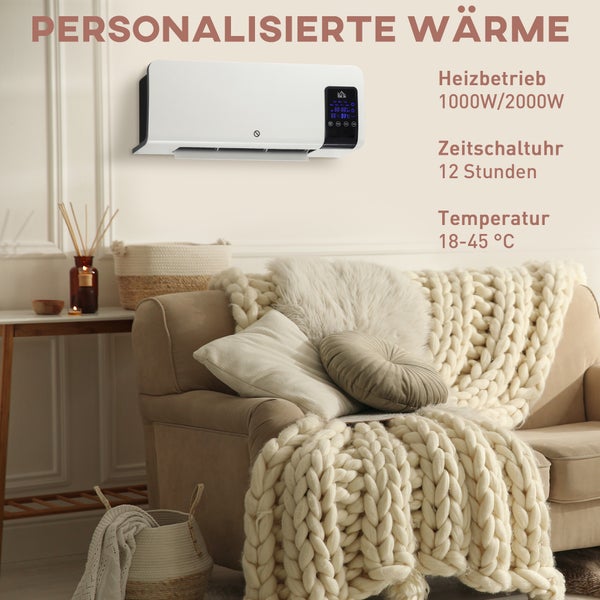 Wandheizgerät mit Digitaldisplay, 1000 bis 2000 Watt, 12-Stunden-Zeitschaltuhr, 18 bis 45 Grad Celsius, in einem hellen Wohnzimmer.