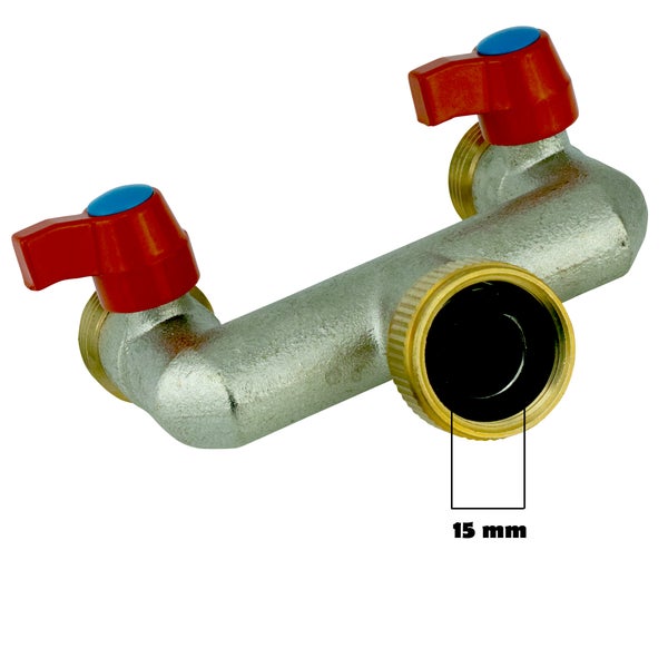 V-U2H(N). Verteiler 2-Wege mit Absperrhähnen 3/4IG - 2x3/4AG (vernikelt)