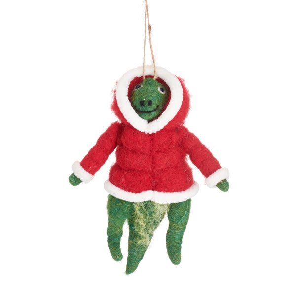 Dekorativer Dinosaurier-Anhänger mit roter Jacke als Weihnachtsbaumschmuck