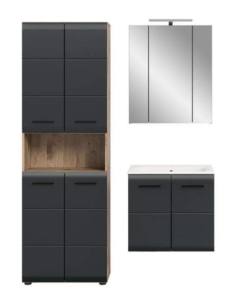 Badezimmermöbel-Set in Anthrazit und Eichenoptik: Hochschrank, Waschbeckenunterschrank mit Waschbecken und dreitüriger Spiegelschrank mit Beleuchtung.