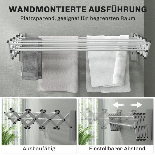 HOMCOM Wäscheständer Wand Ausziehbar Wäschetrockner Wandmontage mit 8 Stangen aus Aluminium, Platzsparender Trockenständer für Drinnen und Draußen 86 x 61 x 22 cm, Silber