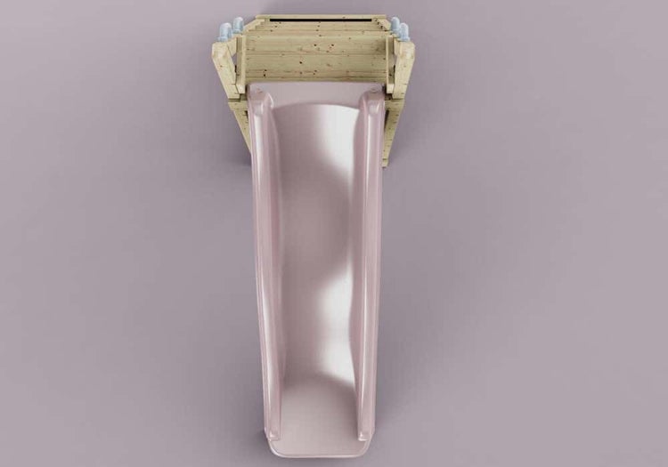 Rosa Wellenrutsche aus Kunststoff an einem Holzpodest in der Draufsicht.