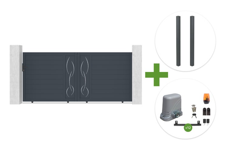 Schiebetor in Anthrazit mit Ziermuster, inklusive zwei Pfosten und elektrischem Torantrieb-Set mit Zubehör.