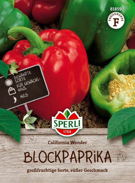 Samen für Blockpaprika Sorte California Wonder von Sperli mit Informationen zu Anbau und Geschmack.