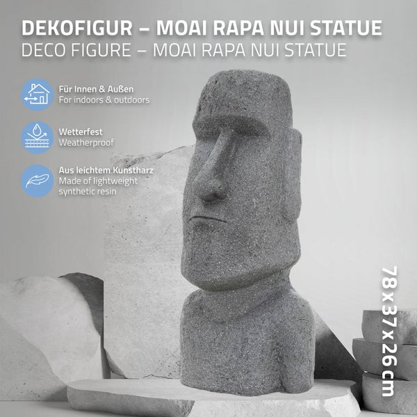ECD Germany Moai Figur Rapa Nui Kopf 78cm hoch, aus wetterfestem Steinguss Kunstharz, Grau, Osterinsel Statue als Dekoration für Haus & Garten, Gartenfigur Dekofigur, Skulptur für Innen und Außen