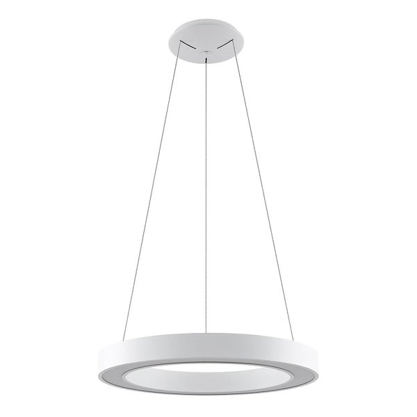 Weiße ringförmige LED-Pendelleuchte mit minimalistischem Design und dünner Drahtaufhängung.