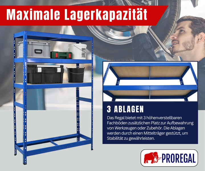 Schwerlastregal von Proregal für Werkstatt oder Garage mit drei höhenverstellbaren Fachböden und Metallrahmen mit Mittelträgern. Proregal Logo.