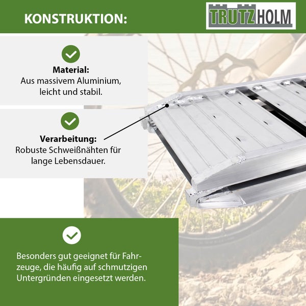 Trutzholm Logo. Detailansicht einer Auffahrrampe aus massivem Aluminium mit robusten Schweißnähten. Geeignet für schmutzige Untergründe.