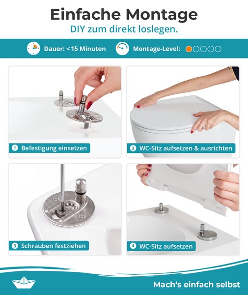 Anleitung zur Montage eines Toilettensitzes in vier Schritten mit Zeitaufwand unter 15 Minuten.