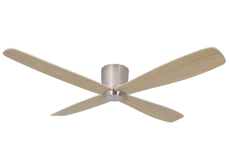 Deckenventilator mit vier Rotorblättern in Holzoptik und Gehäuse in Metalloptik