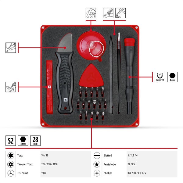 Original Einhell 28-tlg. Präzisions- und Elektronik-Reparatur-Set (Präzisionsbits, Schraubendreher-Bithalter, gebogene Pinzette, Spudger, Jimmy, Opening Tool, Opening Picks, Saugheber)