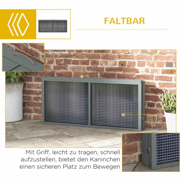 PawHut Kaninchenstall für Zwergkaninchen aus Holz, Klappbar Kleintierstall mit Freilaufgehege, Zwergkaninchenstall mit aufklappbarem Dach Griff für Meerschweinchen, Grau, 110 x 105 x 50 cm