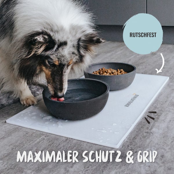 Hund trinkt aus Napf auf rutschfester Unterlage