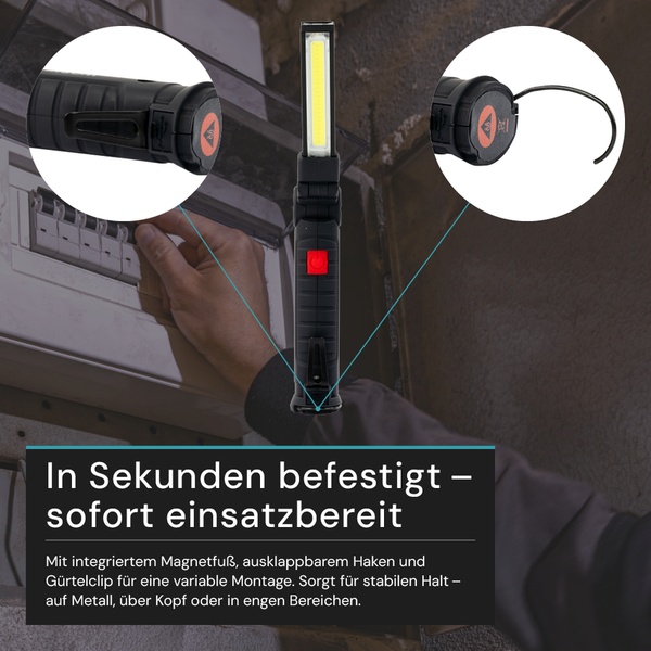 Akkuleuchte mit Magnethalterung, ausklappbarem Haken und Gürtelclip im Einsatz