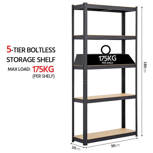 Steckregal mit 5 Böden, Tragkraft 175 Kilogramm pro Boden, Maße 180 mal 90 mal 30 Zentimeter, Metallgestell und Holzböden.