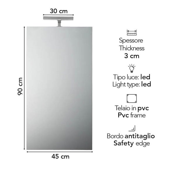 Rechteckiger Wandspiegel mit LED-Leuchte, 90 Zentimeter hoch, 45 Zentimeter breit, 3 Zentimeter tief, PVC-Rahmen und Sicherheitskante.