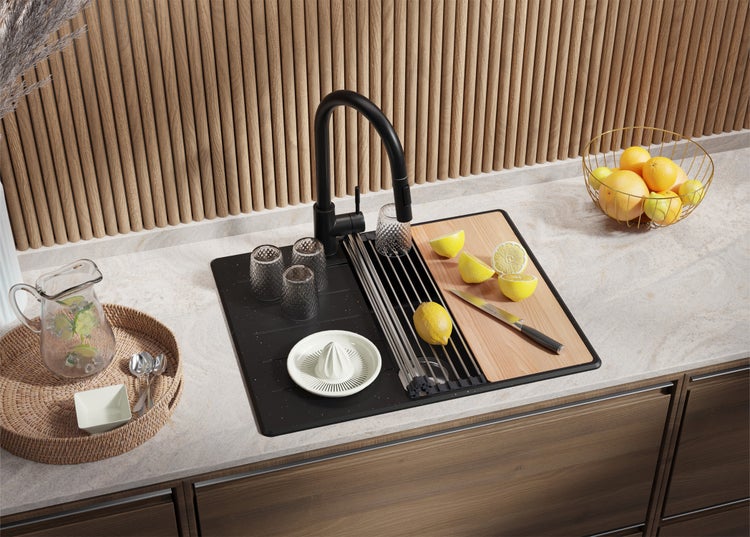 PRIMAGRAN Granitspüle Schwarz Metallic 62x50cm, Spülbecken 1 Becken + Küchenarmatur 40x20cm + Ablauf-Set + Schneidebrett, Küchenspüle ab 45er Unterschrank - Kopenhagen