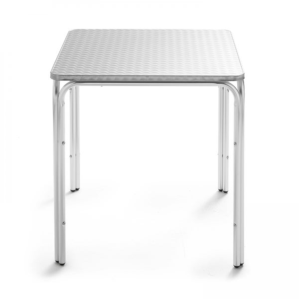 Quadratischer Aluminium-Bistrotisch mit strukturierter Tischplatte und Doppelrohrbeinen.