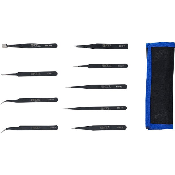 Pinzetten-Set in einer schwarzen Stofftasche mit blauer Einfassung.